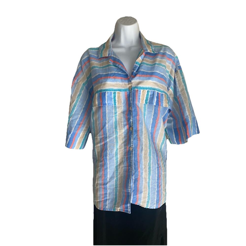 VTG Cabrais Womens Plus 2X Rainbow Striped KidCore Dopamine Button Up Blouse USA